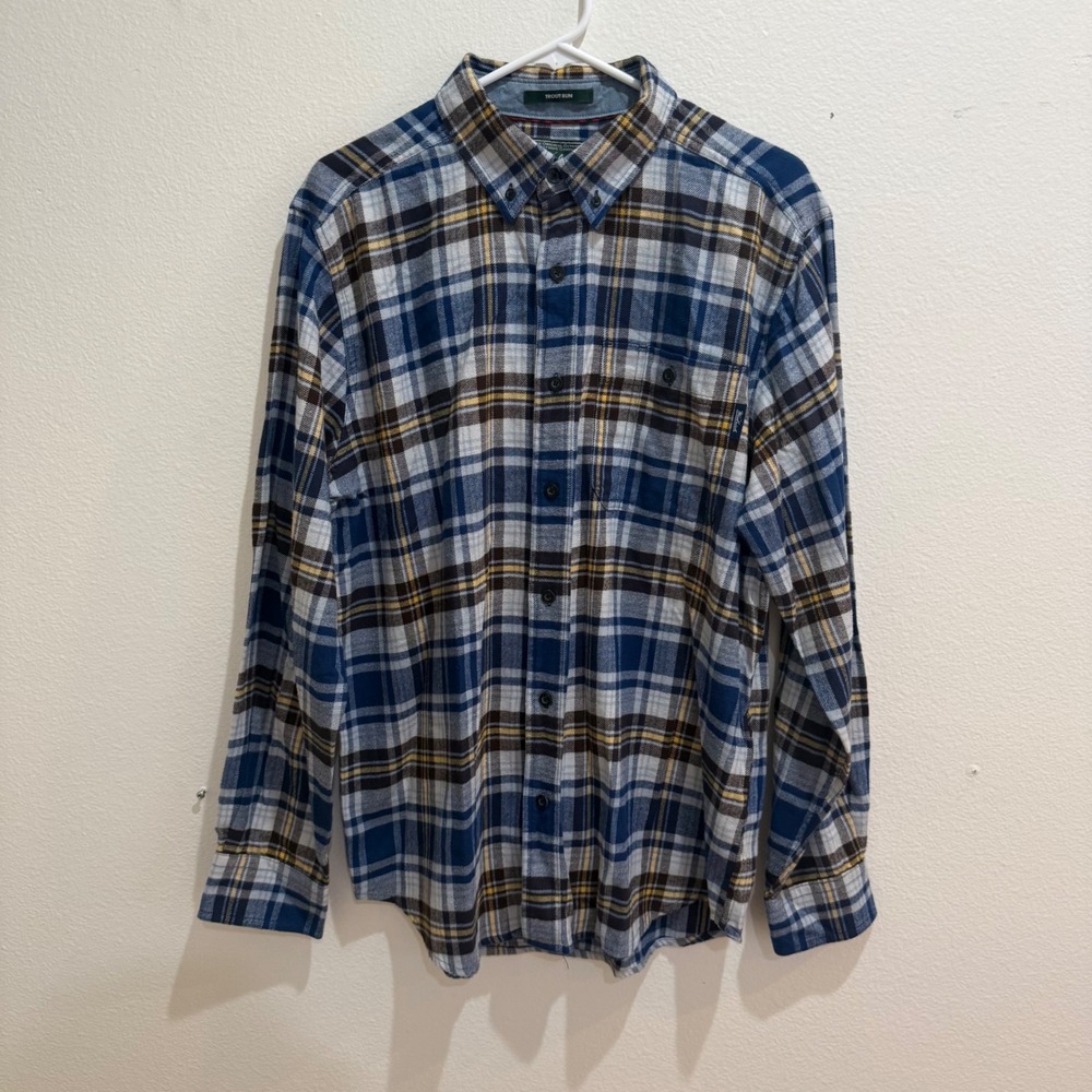 Woolrich Trout Run Mens Large Plaid Flannel Shirt Blue White Yellow 6280 Cotton